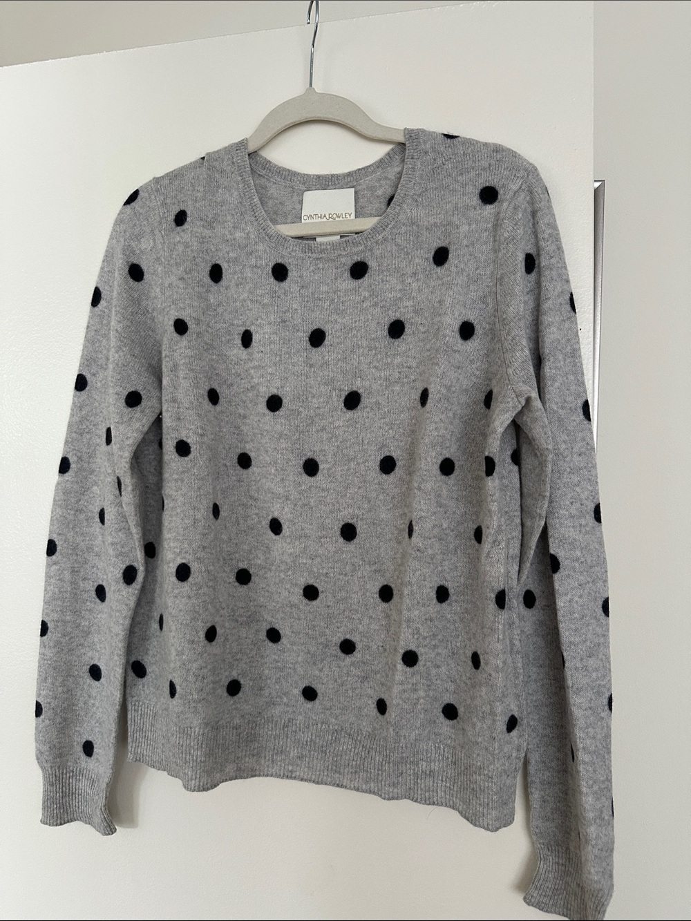 Cynthia Rowley Gray Crewneck Cashmere Sweater with Black Polka Dots